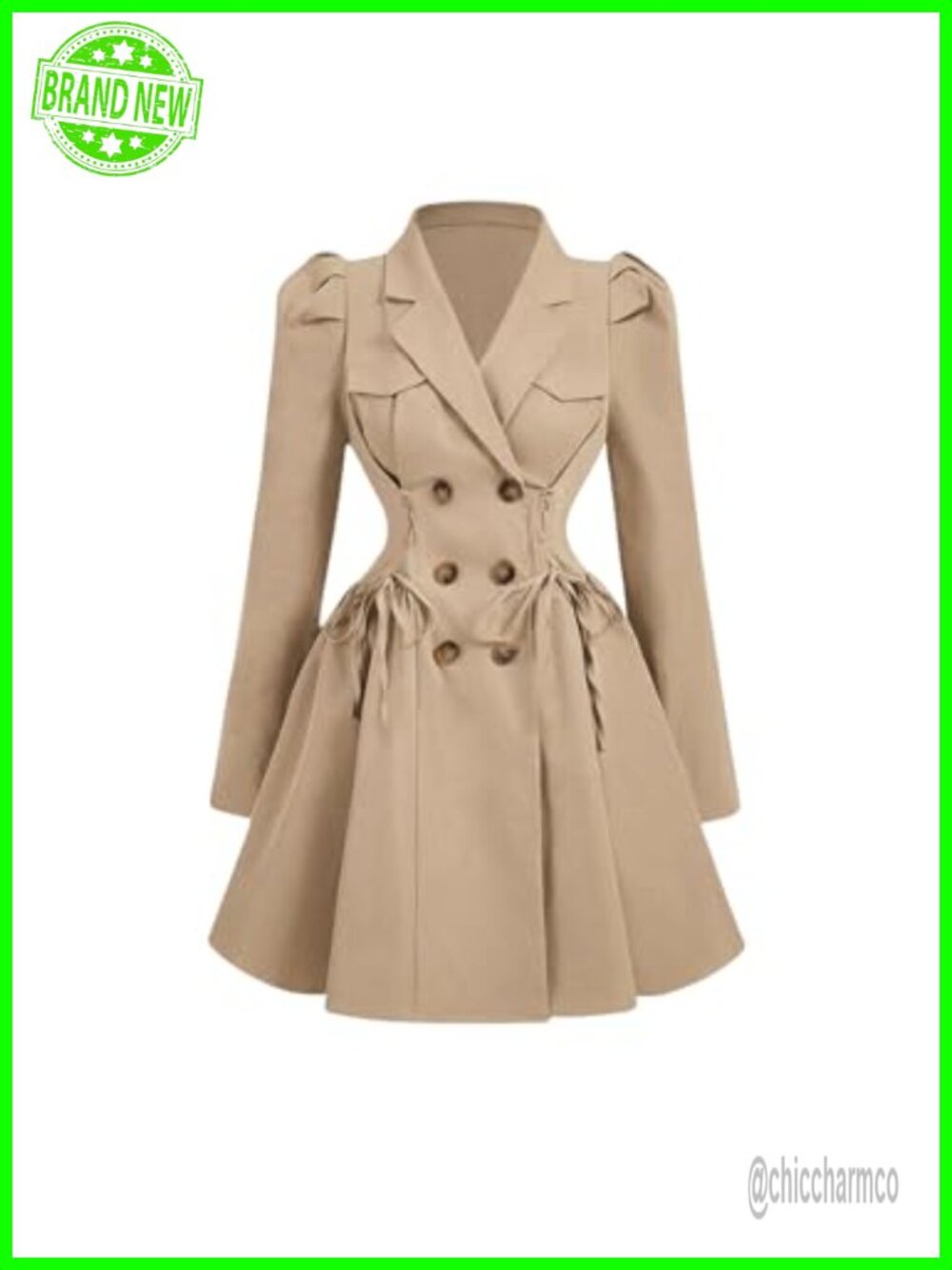 SOLY HUX Women's Double Breasted Trench Coat Puff Sleeve A-Line